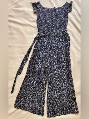 Lulu's Navy Floral Smocked Wide-Leg Jumpsuit
